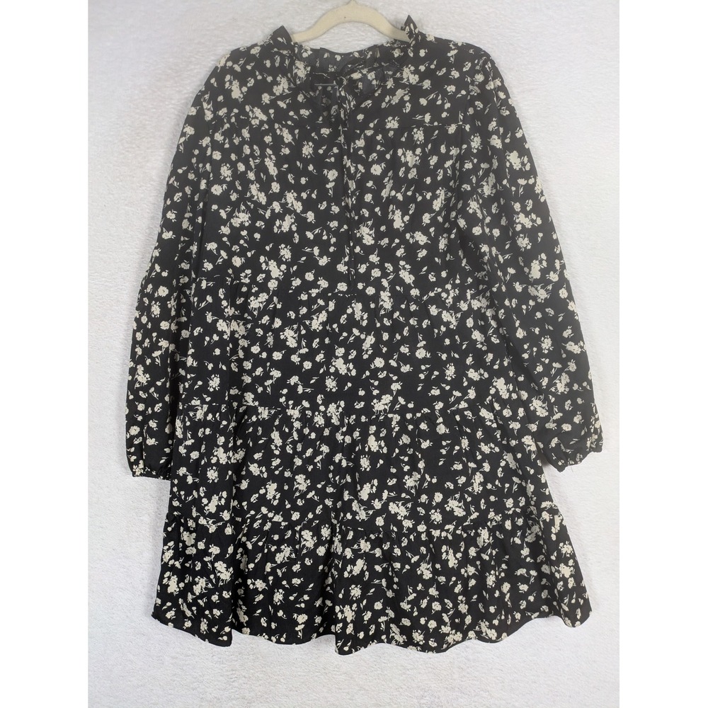 Women's Medium Black White Floral Tiered Ruffle Dress Long Sleeve Mini